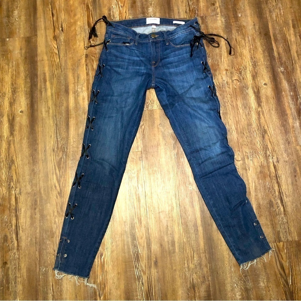 Frame Jeans Women's 26 Le Skinny de Jeanne Side Lace Up Relaxed Fit Denim